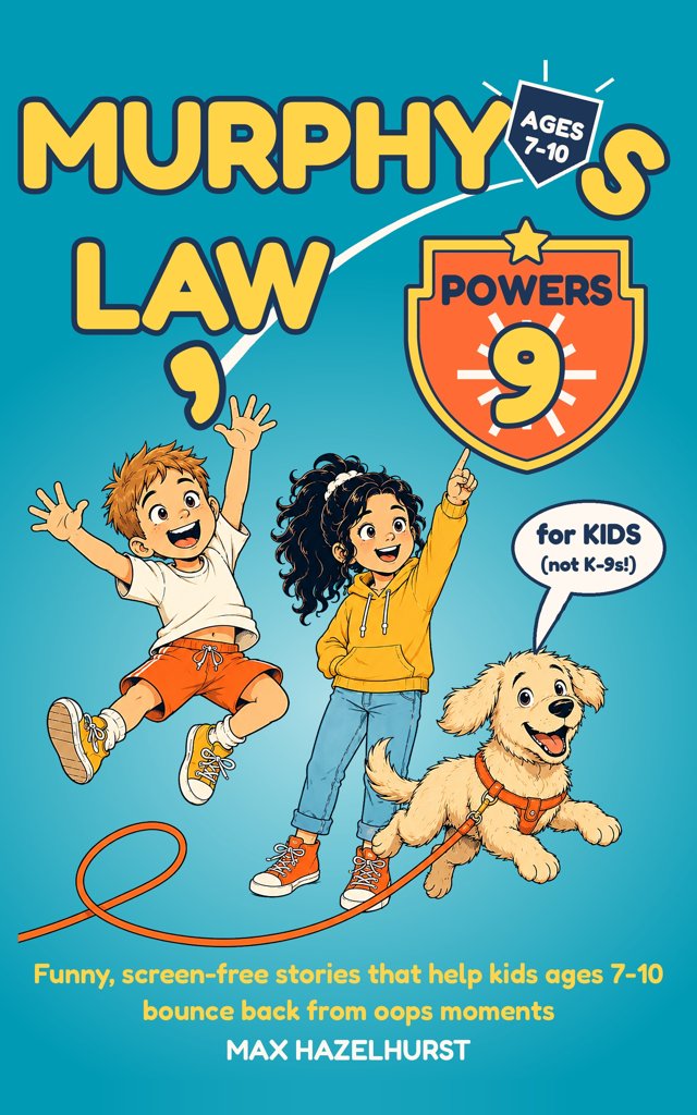 Murphy's Law for Kids book cover: Noah, Ella and Biscuit the dog under the nine powers shield